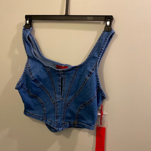 Hook and Eye Closure Denim Crop Top - Medium Wash, Sz. XL - Picture 2 of 6